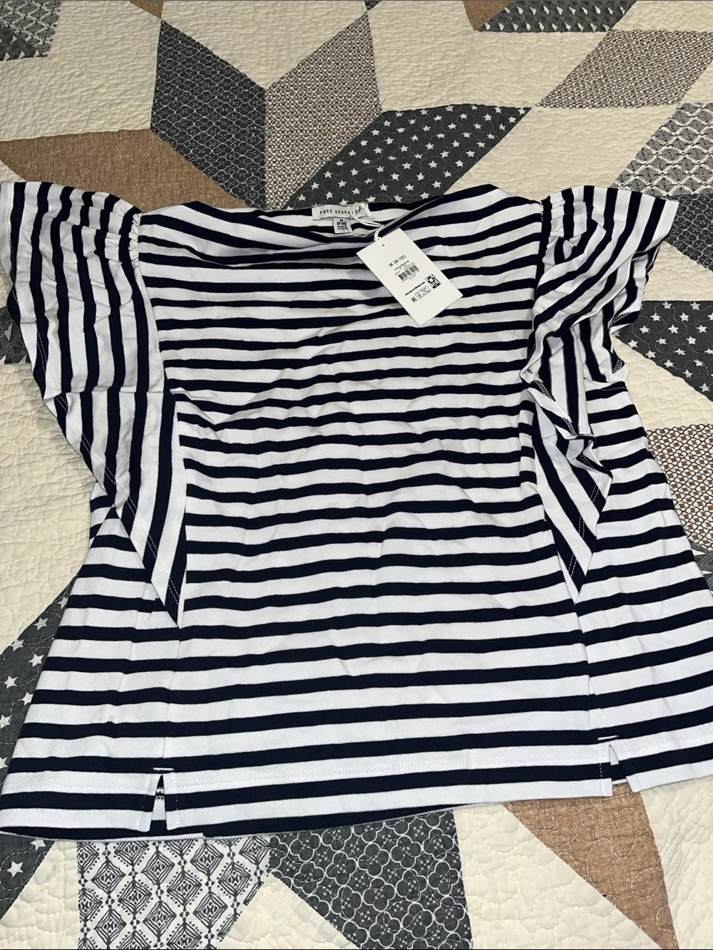 Striped Flutter Sleeve Top - Navy & White